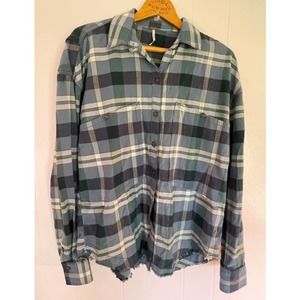 Free People Women's Plaid Button Up Long Sleeve Shirt w/ Raw‎ Edge Hem Size XS